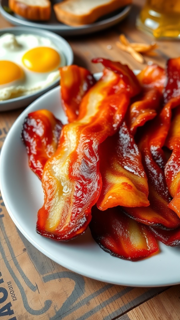 Crispy bacon slices on a plate, perfect for breakfast.